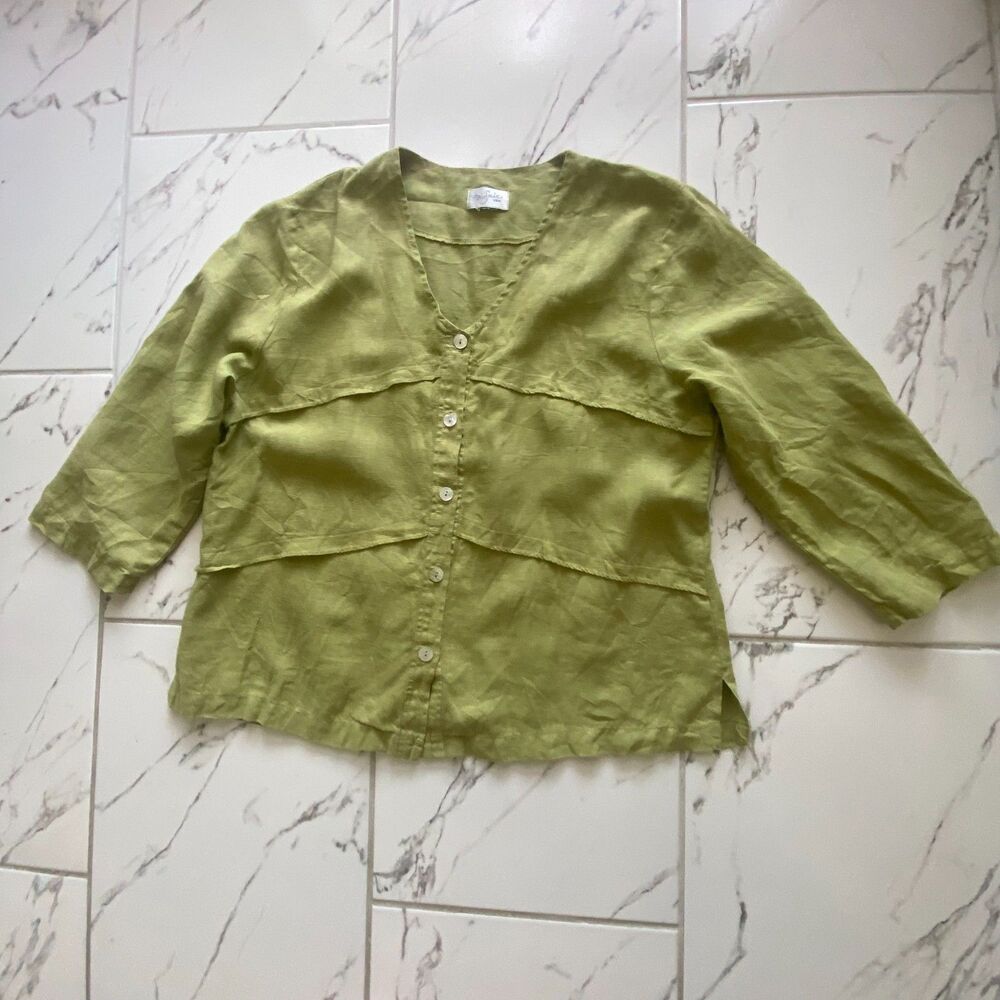 Mosaic USA Green Linen Tiered Panel V-Neck Mother of Pearl Button Blouse Top M